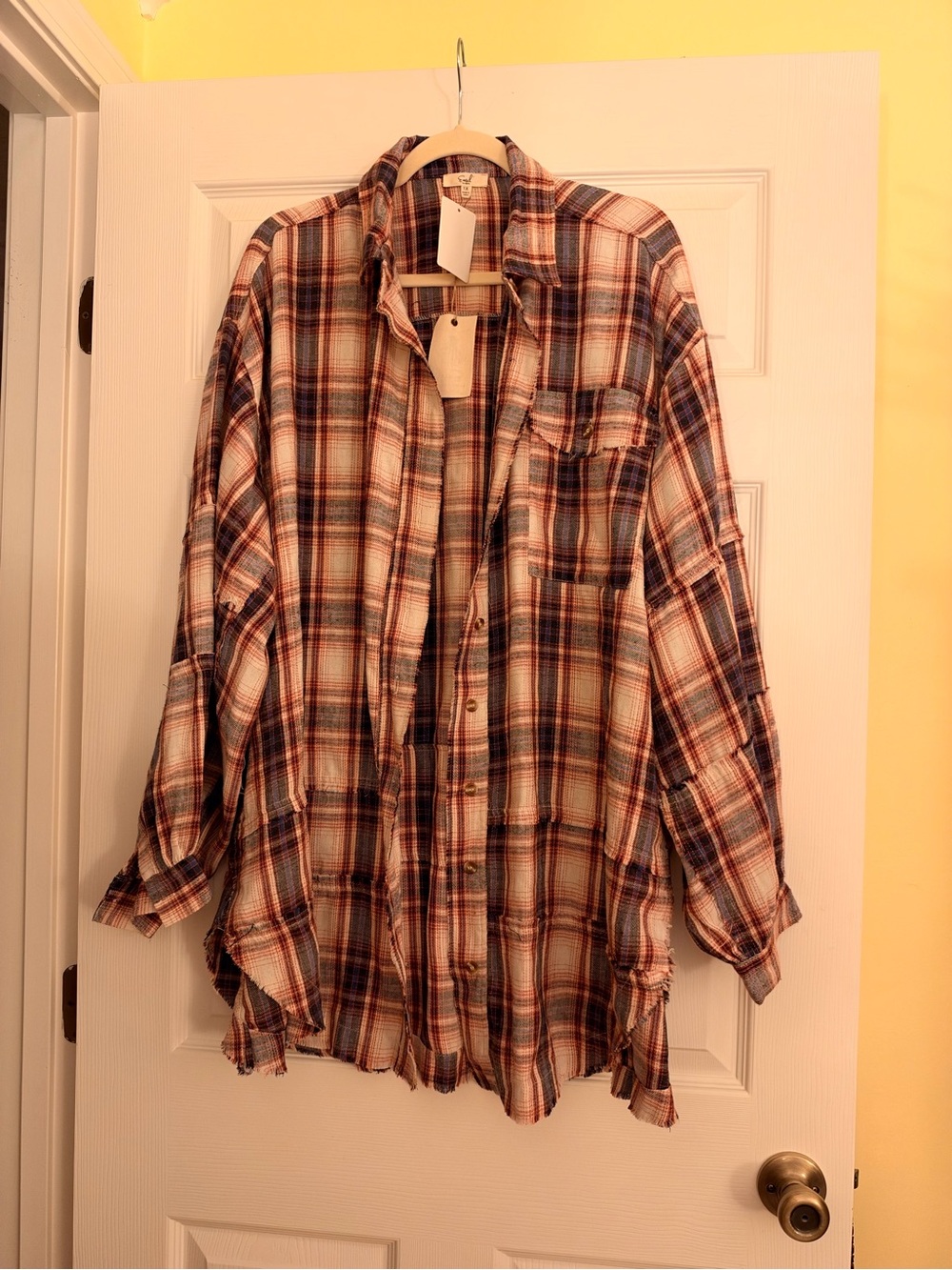 NWT Easel Starry Night Plaid Flannel Button Down Shirt 1X Distressed Raw Hem